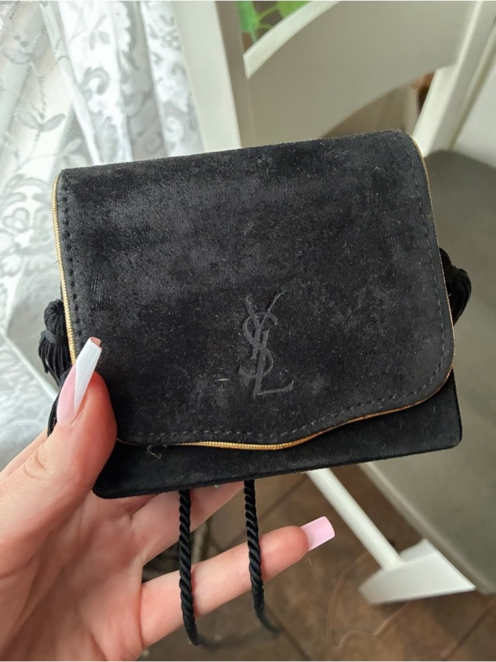 Vintage Yves Saint Laurent Black Suede Mini Crossbody Gold Trim Bag Roped Strap